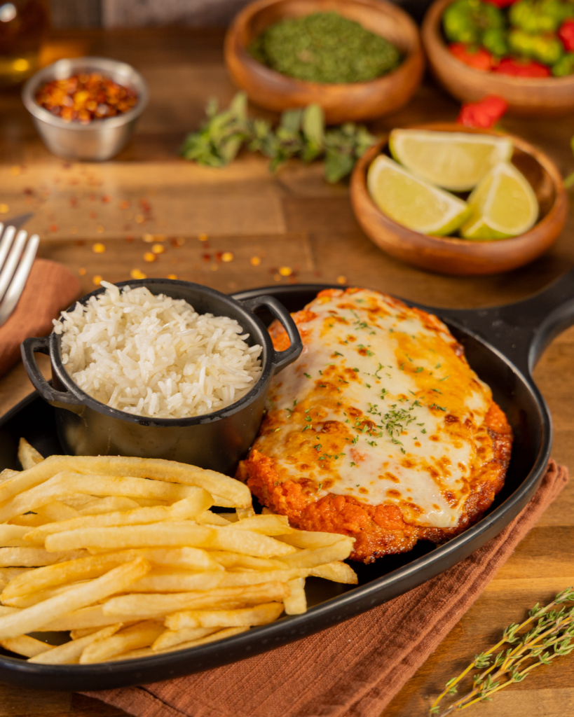 Chicken parmigiana with tomato sauce and mozzarella